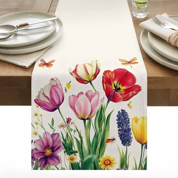 Spring Tulips Table Runner 13x36 inch Dragonfly Flower Cotton Linen Dining Table Runner Ideal for Dresser Kitchen Coffee Tables - Machine Washable
