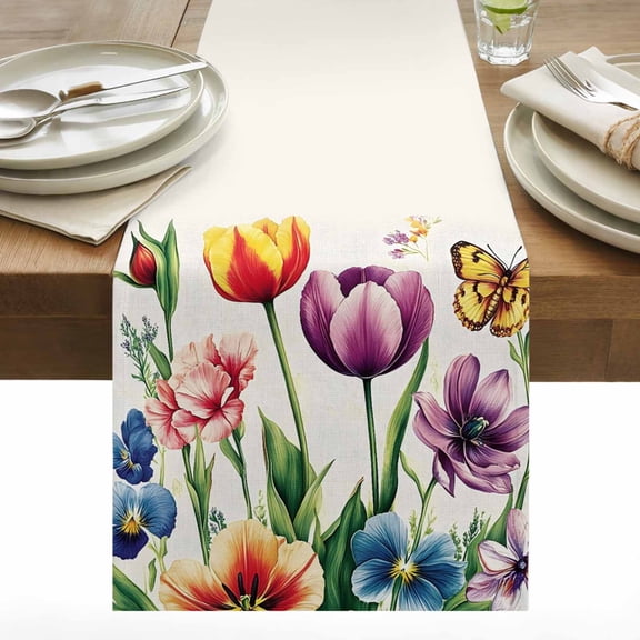 Spring Tulips Table Runner 13x48 inch Butterfly Flower Cotton Linen Dining Table Runner Ideal for Dresser Kitchen Coffee Tables - Machine Washable