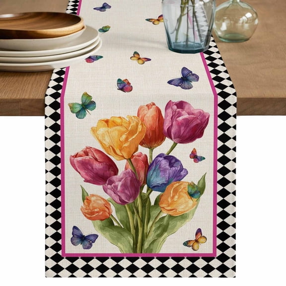 Spring Tulips Table Runner, Colorful Flowers Botanical Butterfly Vintage Washable Cotton Linen Table Runners 36 Inches Long, Dresser Scarf Runner for Nightstand/End Tables/Round Tables 13''x36''