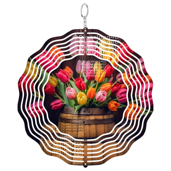 Spring Tulips Whiskey Barrel 3D Wind Spinner Stainless Steel Hanging Garden Decor