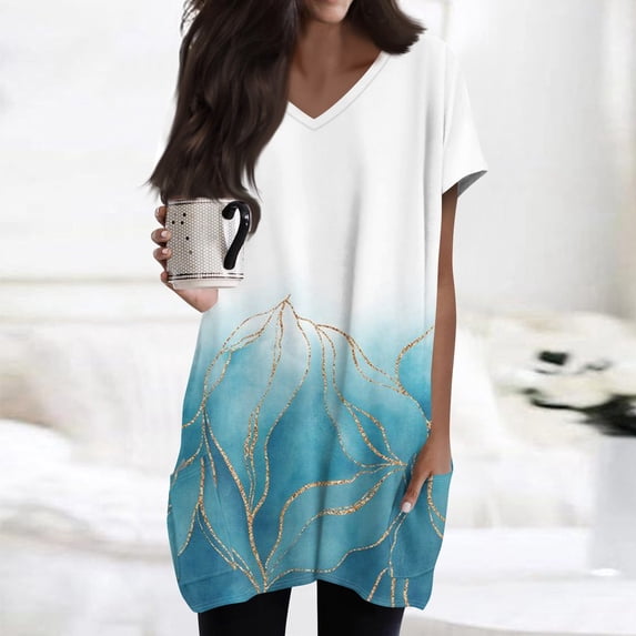 Spring Tunic Blouses for Women, V-neck Short Sleeve Tops, Plus Sized Casual Long T-shirt with Pockets