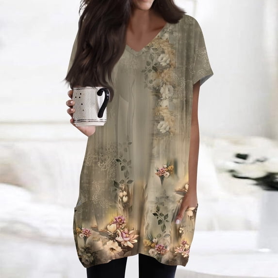 Spring Tunic Blouses for Women, V-neck Short Sleeve Tops, Plus Sized Casual Long T-shirt with Pockets