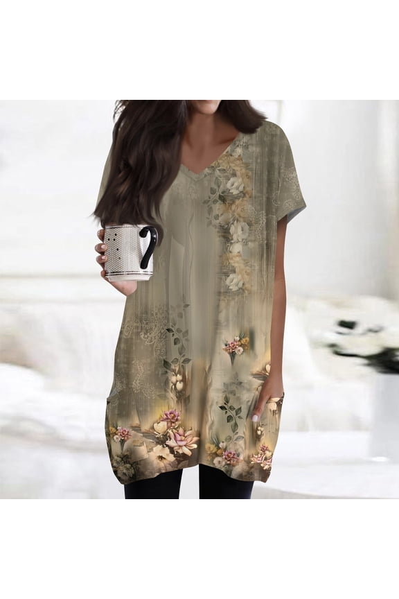 Spring Tunic Blouses for Women, V-neck Short Sleeve Tops, Plus Sized Casual Long T-shirt with Pockets