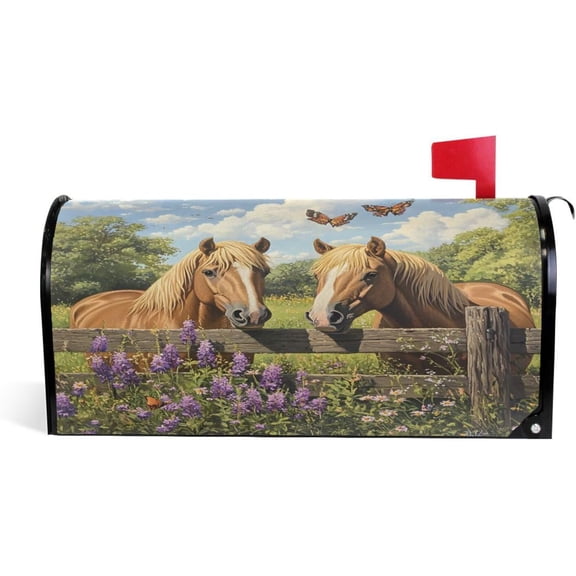 Spring Two Horses Butterfly Magnetic Mailbox Cover MailWraps Garden Yard Home Decor for Outside Standard Size-18"x 20.8"