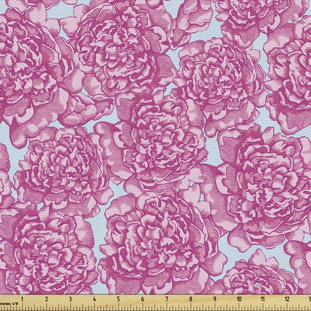 Ambesonne Spring Fabric by the Yard Upholstery, Repetitive Close-up Peonies, 3 Yards, Pale Blue Pink