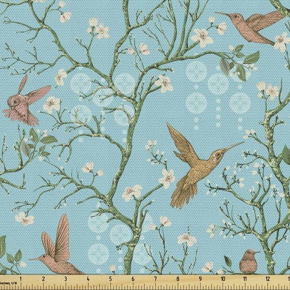 Spring Upholstery Fabric by the Yard, Hummingbirds on Flourishing Tree Branches Retro Style Summer Pattern, Decorative Fabric for DIY and Home Accents, Sky Blue and Burnt Sienna by Ambesonne