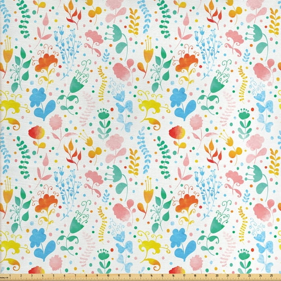 Spring Upholstery Fabric by the Yard, Pastel Watercolor Effect Romantic Pattern with Irregular Dots Plants and Flowers, Decorative Fabric for DIY and Home Accents, Multicolor by Ambesonne