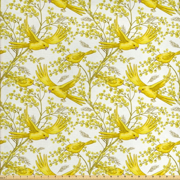 Ambesonne Spring Fabric by the Yard Upholstery, Summer Mimosa and Birds Art, 10 Yards, Yellow Earth Yellow