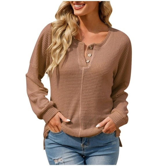 Spring V Neck Tops for Women Waffle Knit Long Sleeve Pullover Cozy Shirts Solid Color Casual Loose Button Tee(Khaki,M)