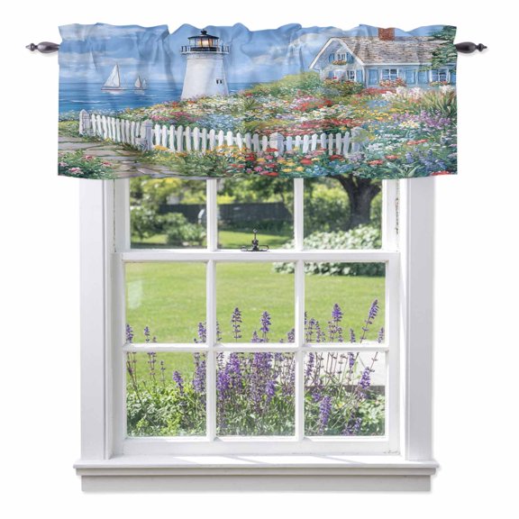 Spring Valance Curtain Colorful Flowers Town Beacon Ocean Country Scenery Window Valances Rod Pocket Short Curtains Window Treatments for Kitchen Bedroom Bathroom Laundry 42" x 12"