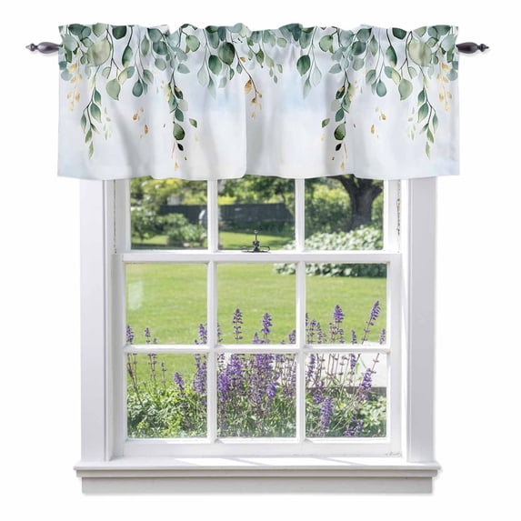 Spring Valance Curtain Vintage Sage Green Eucalyptus Leaves Golden Leaf Window Valances Rod Pocket Short Curtains Window Treatments for Kitchen Bedroom Bathroom Laundry 54" x 18"