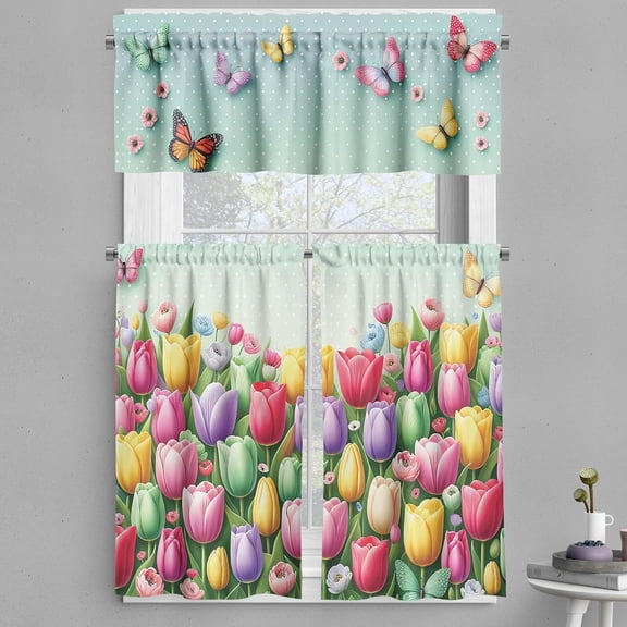 Spring Valance & Tier Curtain 3 pcs Set, Colorful Tulip Garden and Flying Butterflies with Vintage Polka Dots, Window Treatments for Kitchen Room Decor, 55" x 24", Mint Green and Multicolor