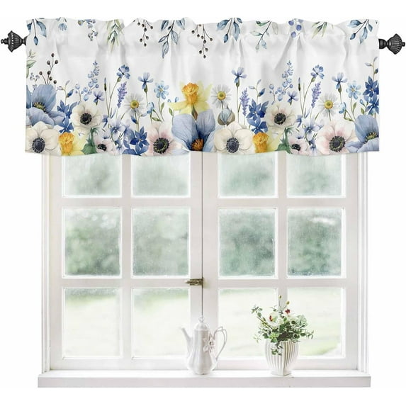 Spring Valance for Windows Kitchen Living Room Valances Rod Pocket Bathroom Small Window Treatment Blue Eucalyptus Leaves Watercolor Floral 1 Panel, 54 x 18 Inch