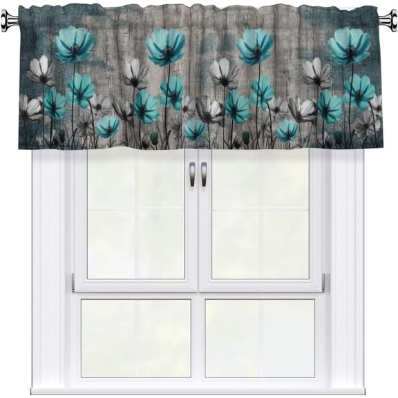 Spring Valances for Windows 54"x18" Teal Floral Kitchen Window Curtains Vintage Farmhouse Flower Short Small Window Treatment Rod Pocket Valance for Bedroom Bathroom Living Room Decor