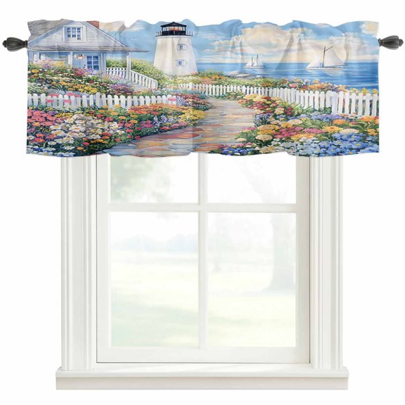 Spring Valances for Windows Colorful Flowers Town Beacon Country Scenery Rod Pocket Curtain Valance Window Treatment Short Curtains for Kitchen Living Room, 42"x18"