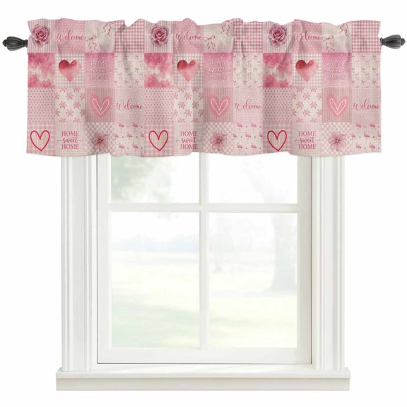 Spring Valentine's Day Kitchen Valances for Windows, Pink Love Heart Roses Plaid Bathroom Window Valances 42x12 Inch Rod Pocket Window Treatments Valance Curtains for Living Room Bedroom Decor