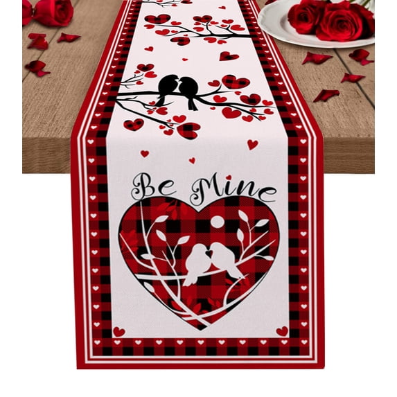 Spring Valentine's Day, Table Runner 120 Inches, Saint Red Pink Love-Tree Farmhouse Bird Plaid Bed Runner Dresser Scarves Tabletop for Indoor Outdoor Parties/Ceremony/Banquet, 13"x 120"
