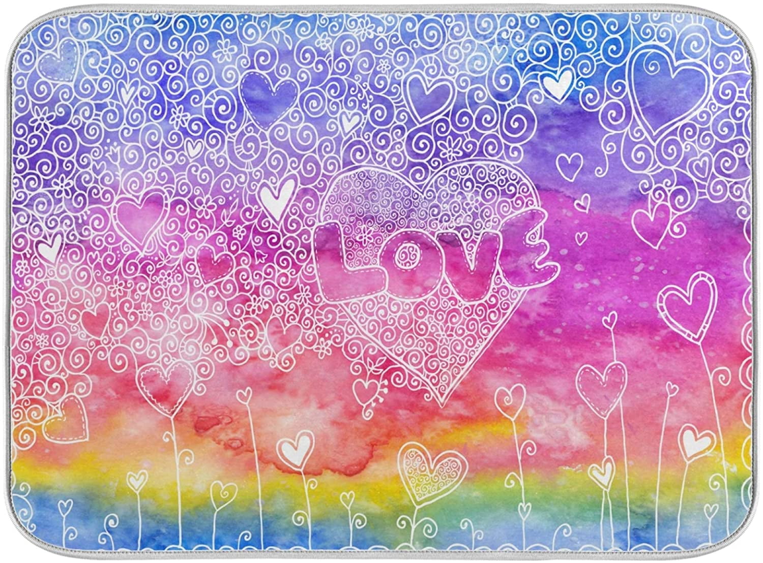 Spring Valentines Day Dish Drying Mat for Kitchen Counter, Rainbow Love