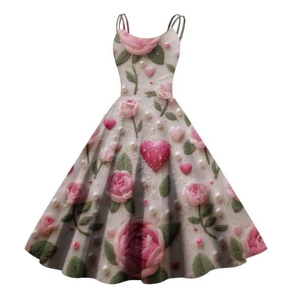 Spring Valentines Dress for Women Elegant Off Shoulder Sleeveless Dresses Love Heart Print Multicolor M