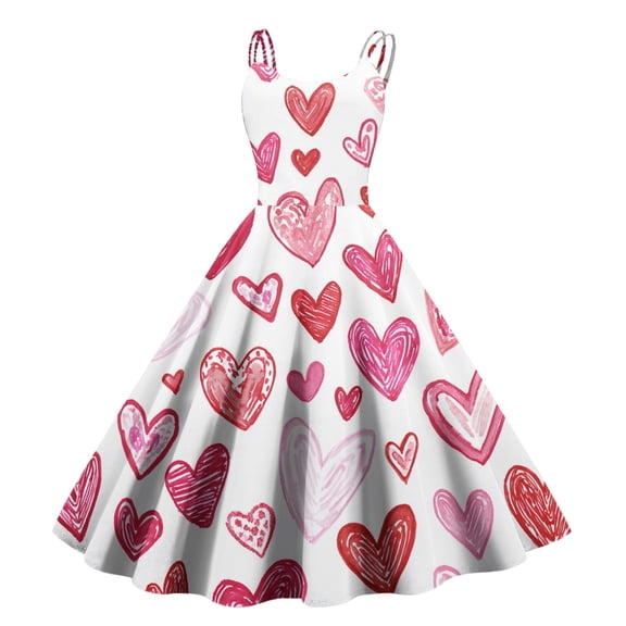 Spring Valentines Dress for Women Elegant Off Shoulder Sleeveless Dresses Love Heart Print Red 2XL