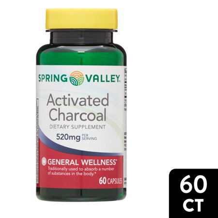 Spring Valley Activated Charcoal Capsules, Dietary Supplement, 520mg, 60 Count