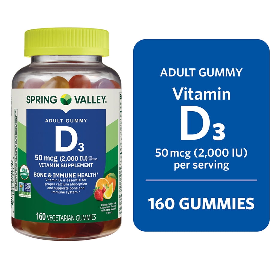 Spring Valley Vitamin D3 Supplement Gummies for Bone and Immune Health, Assorted Fruit, 50 mcg, 160 Count