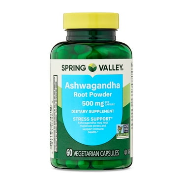 Spring Valley Ashwagandha Root Powder General Wellness Dietary Supplement Vegetarian Capsules, 500 mg, 60 Count