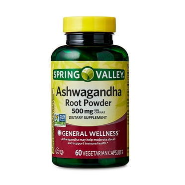 Spring Valley Ashwagandha Root Powder General Wellness Dietary Supplement Vegetarian Capsules, 500 mg, 60 Count