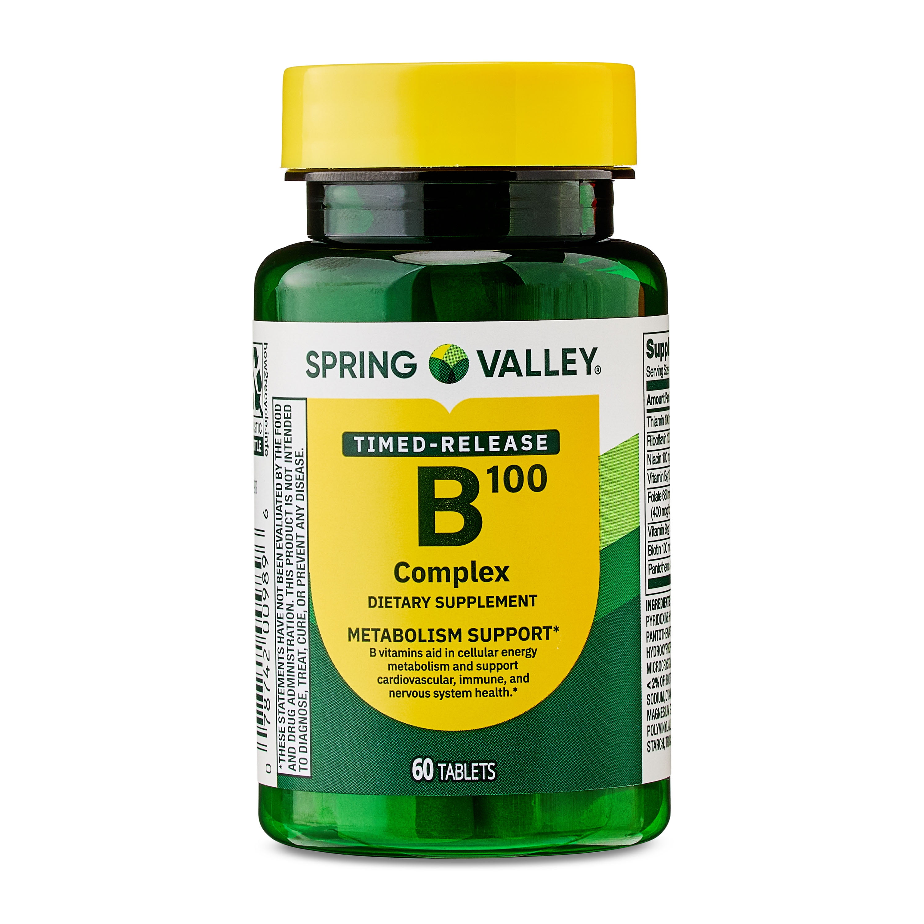Spring Valley B-100 Complex Dietary Supplement Timed-Release Tablets for Metabolism Support, 60 Count