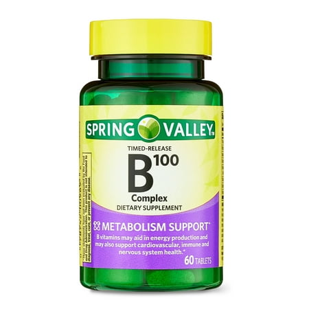 Spring Valley B-100 Complex Metabolism Support Dietary Supplement Timed-Release Tablets, 60 Count