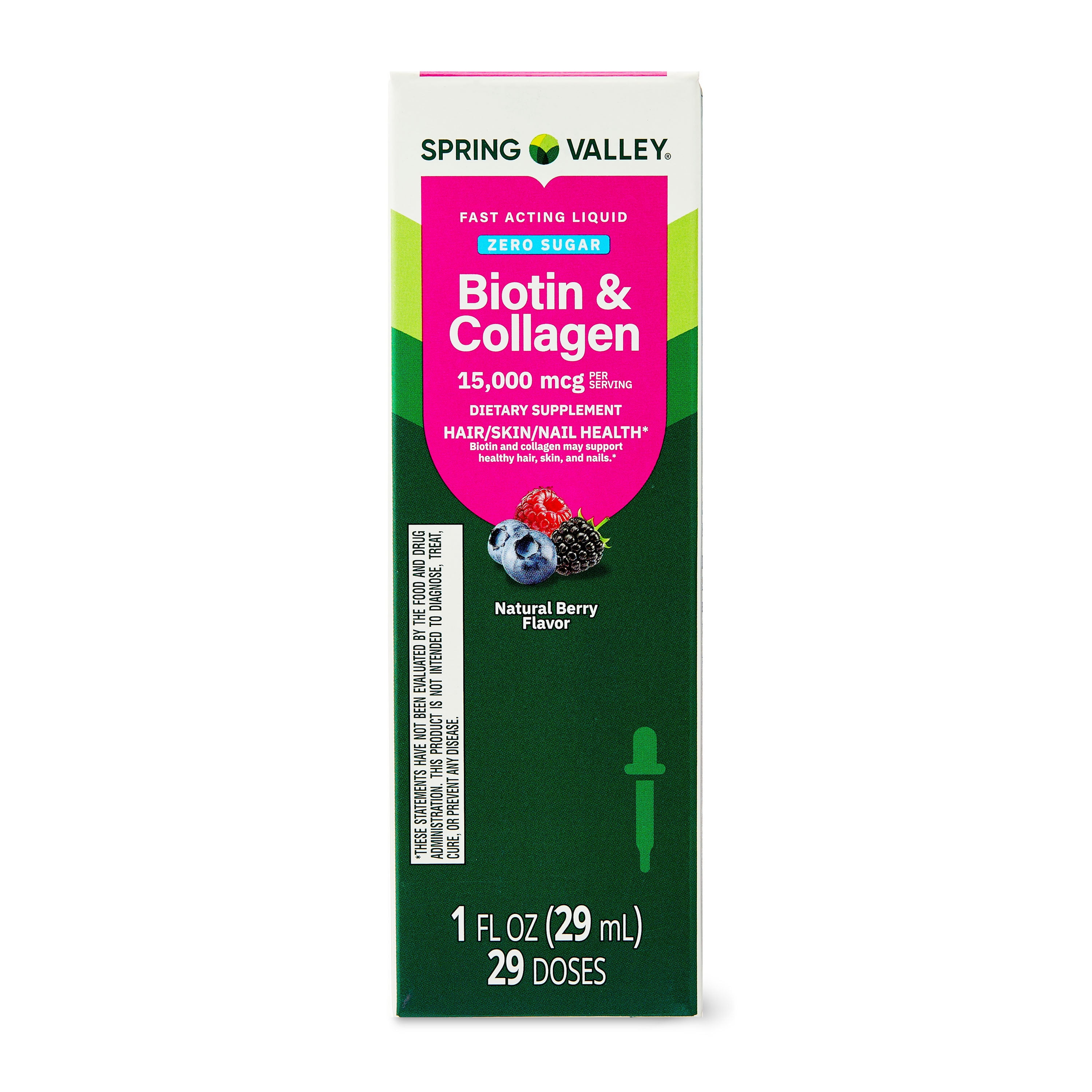 Spring Valley Zero Sugar Biotin and Collagen Fast Acting Liquid for Hair/Skin/Nails, Natural Berry Flavor, 15000 mcg, 1 fl oz