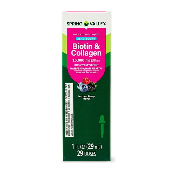 Spring Valley Biotin & Collagen Liquid for Hair, Skin & Nails,, Natural Berry Flavor, 15000 Mcg, 1 fl oz