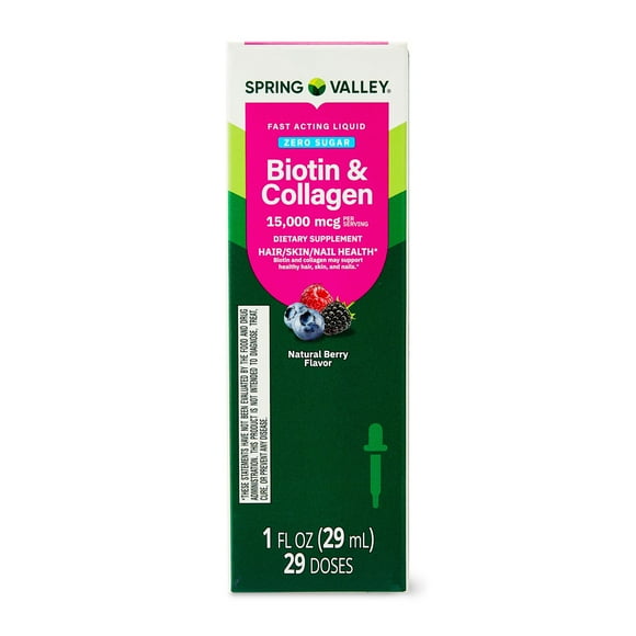 Spring Valley Biotin & Collagen Liquid for Hair, Skin & Nails,, Natural Berry Flavor, 15000 Mcg, 1 fl oz