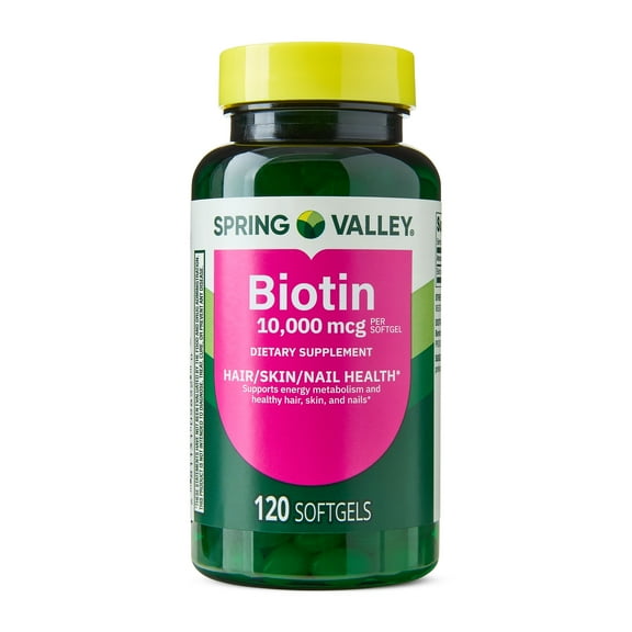 Spring Valley Biotin Dietary Supplement Softgels for Hair/Skin/Nails Health, 10,000 mcg, 120 Count