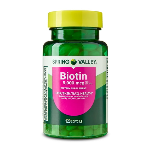 Spring Valley Biotin Hair/Skin/Nails Health Dietary Supplement Softgels, 5,000 mcg, 120 Count