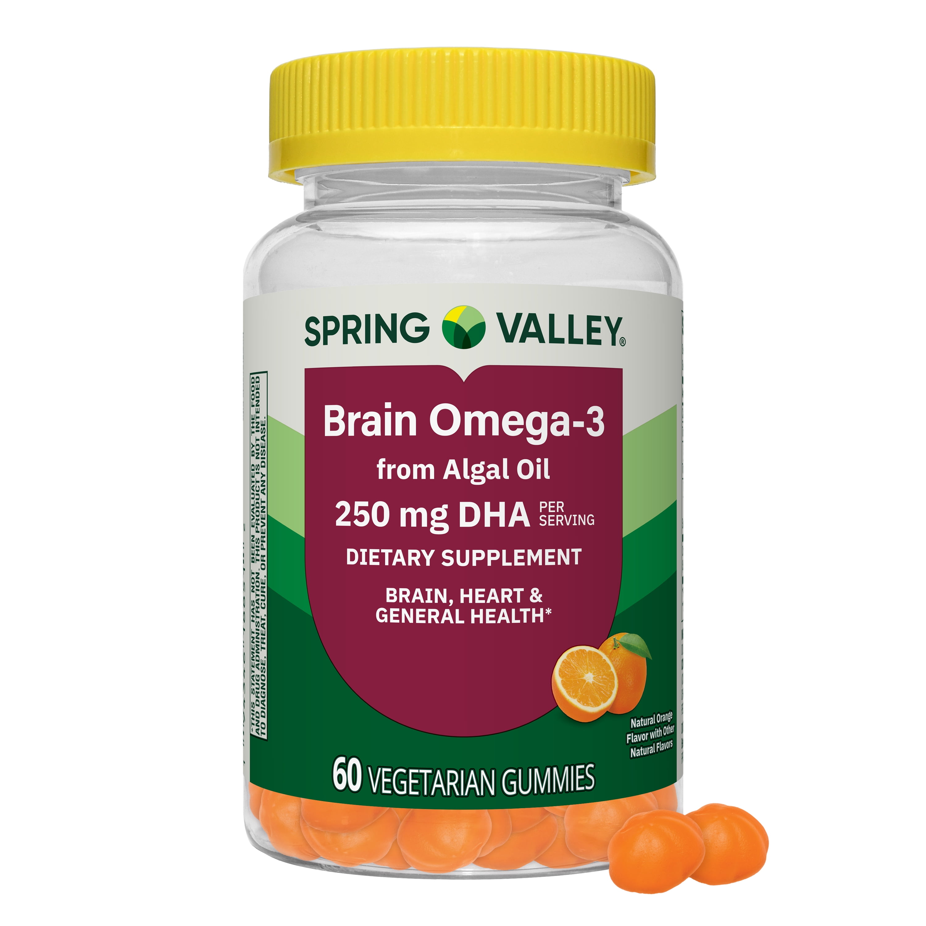 Spring Valley Brain Omega-3 from Algal Oil Vegetarian Gummies for Brain/Heart/General Health, Orange Flavor, 60 Count
