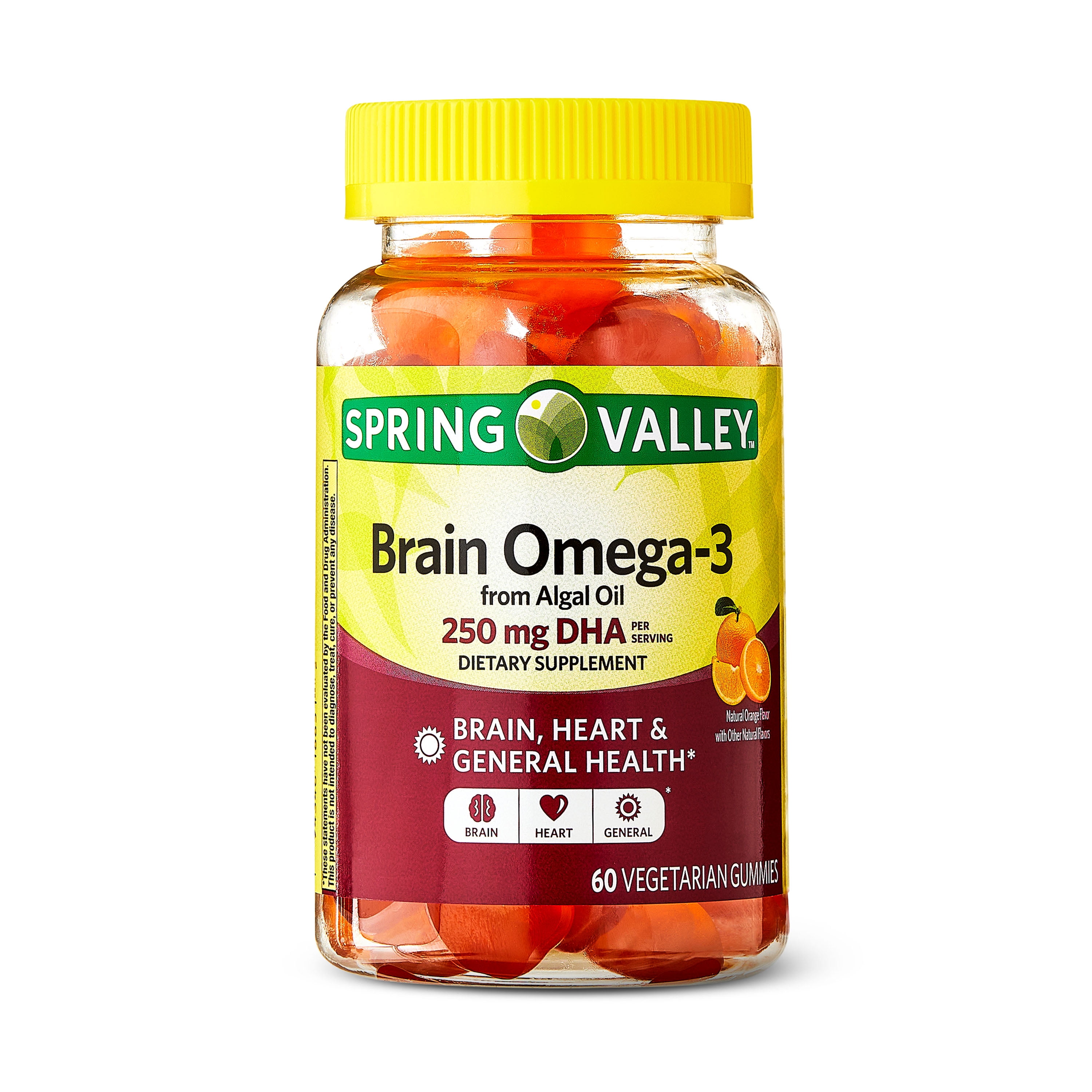 Spring Valley Brain Omega-3 from Algal Oil Vegetarian Gummies for Brain/Heart/General Health, Orange Flavor, 60 Count