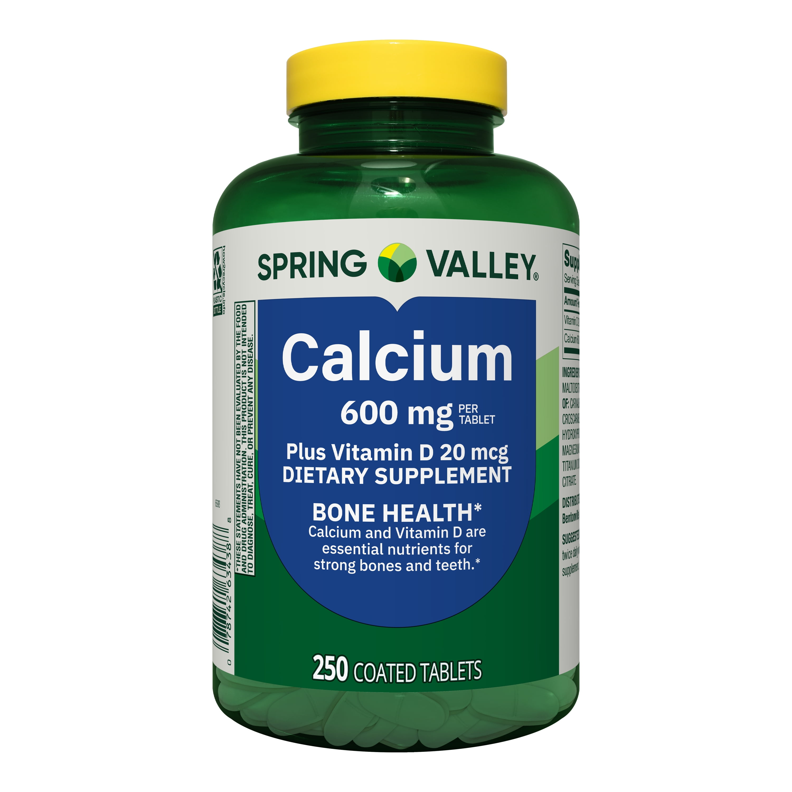Spring Valley Calcium Plus Vitamin D Tablets Dietary Supplement, 600 mg, 250 Count