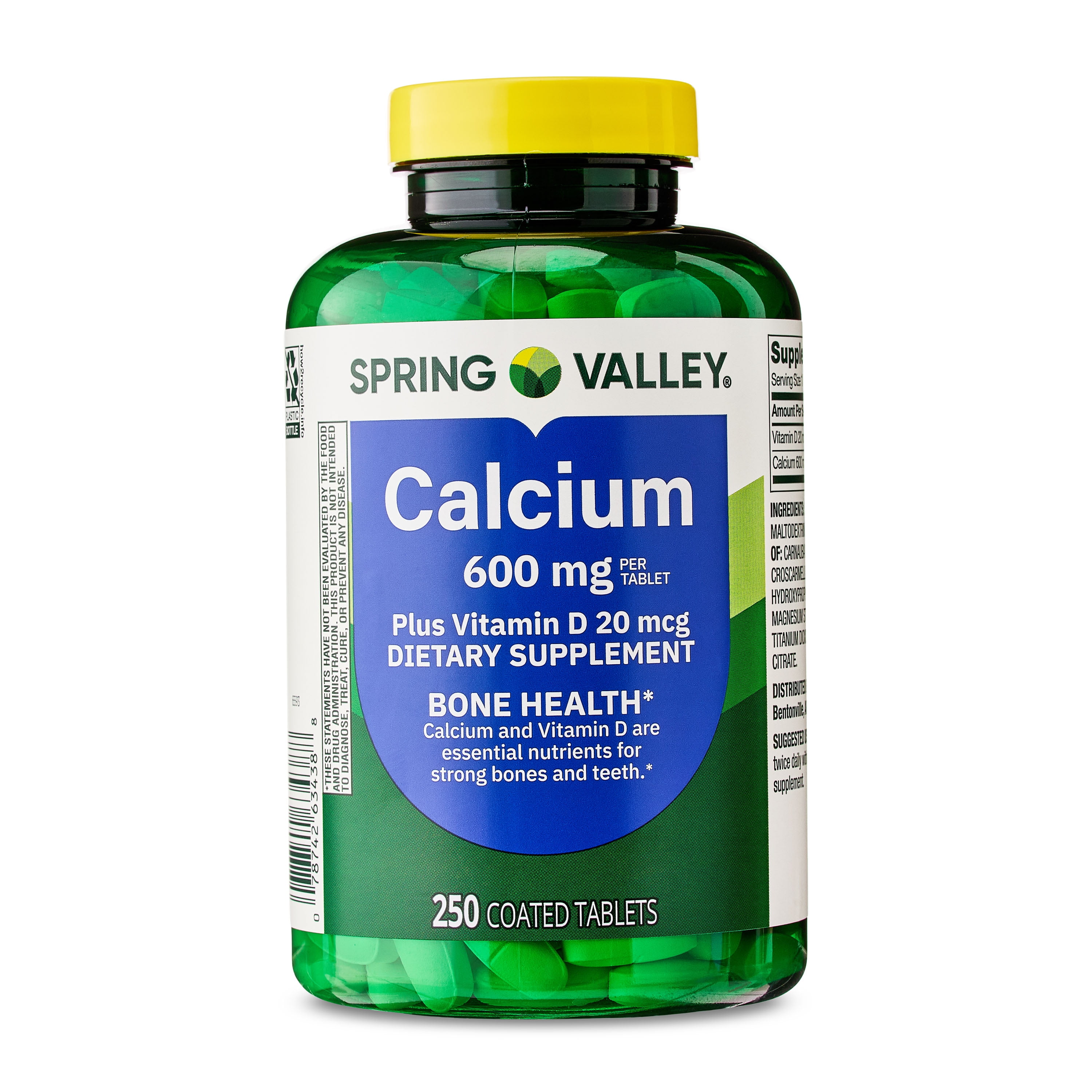 Spring Valley Calcium Plus Vitamin D Tablets Dietary Supplement, 600 mg, 250 Count