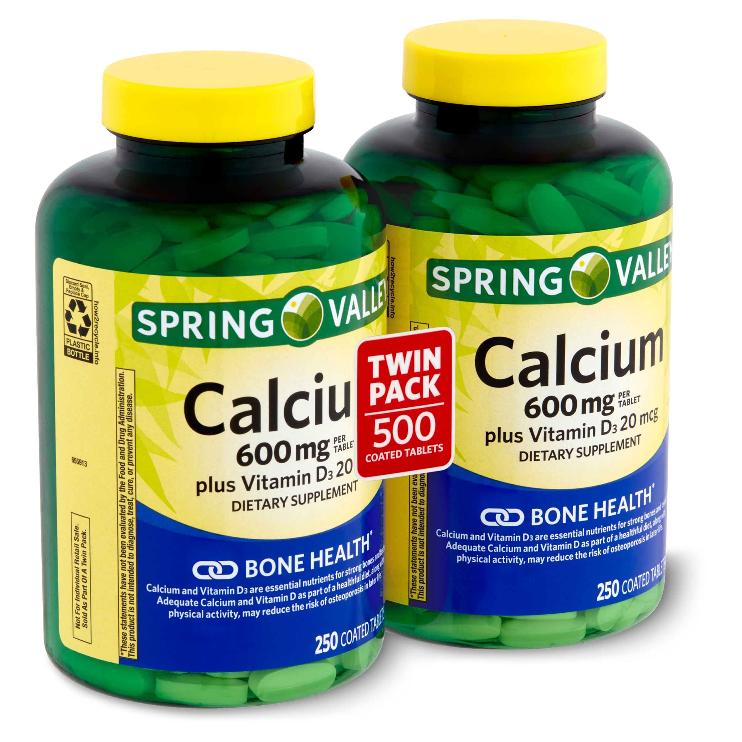 Spring Valley Calcium Plus Vitamin D3 Dietary Supplement, 600 mg, 250 Count, 2 Pack - image 1 of 9