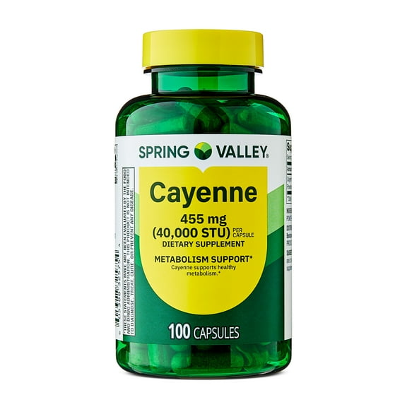 Spring Valley Cayenne Dietary Supplement Capsules for Metabolism Support, 455 mg, 100 Count