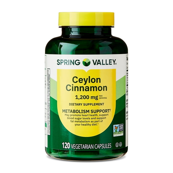 Spring Valley Ceylon Cinnamon Dietary Supplement Vegetarian Capsules for Metabolism Support, 1,200 mg, 120 Count