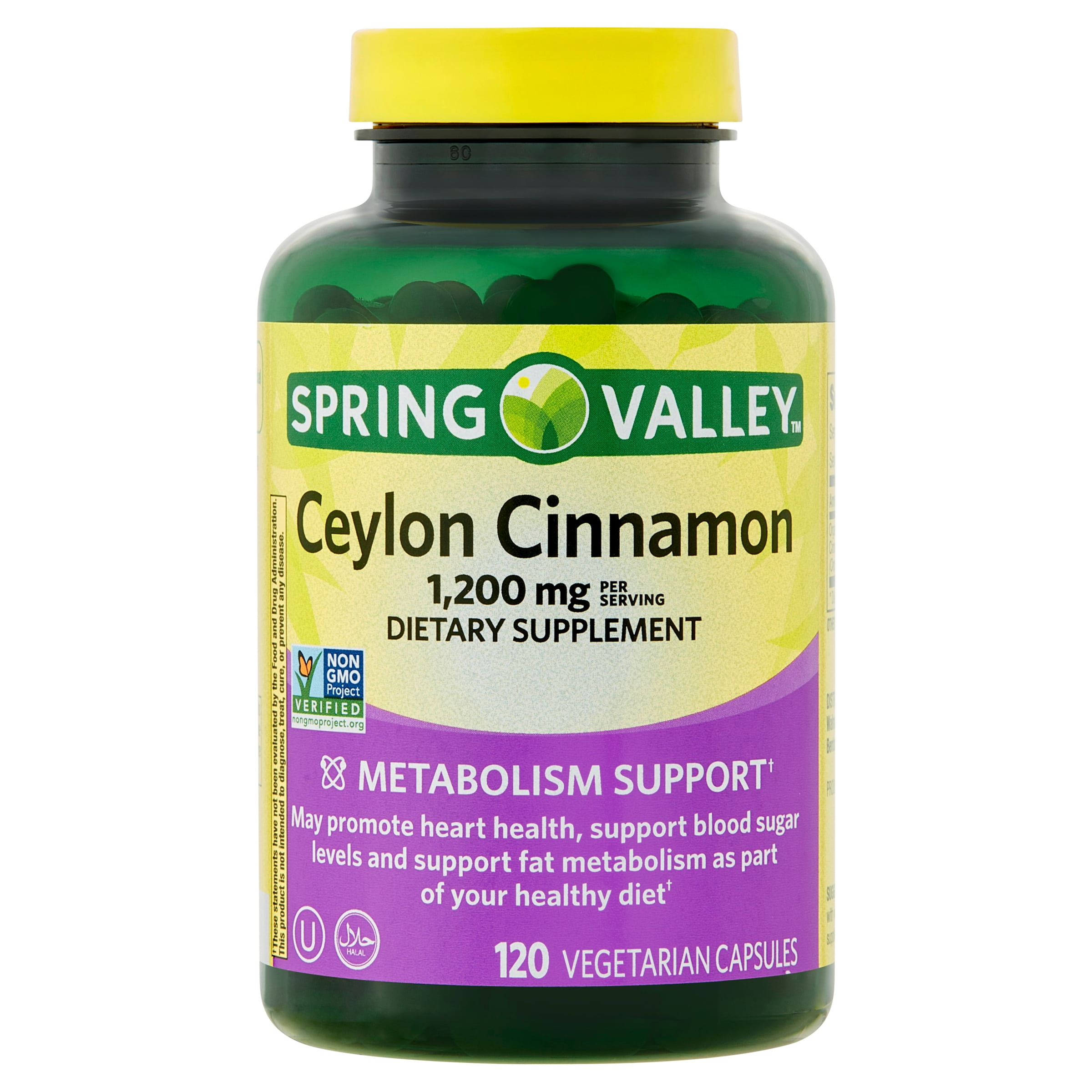 Spring Valley Ceylon Cinnamon Metabolism Support Dietary Supplement  Vegetarian Capsules, 1,200 mg, 120 Count 