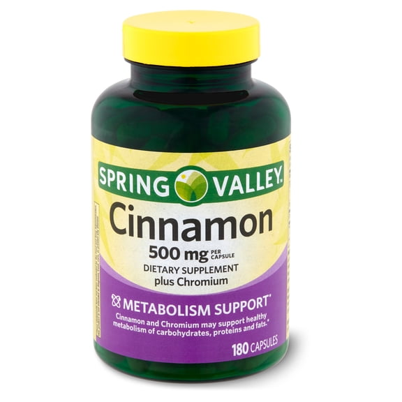 Spring Valley Cinnamon plus Chromium Metabolism Support Dietary Supplement Capsules, 500 mg, 180 Count