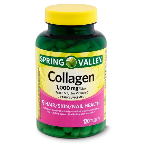 Spring Valley Collagen Type 1 & 3, Plus Vitamin C Dietary Supplement, 1,000 mg, 120 Count