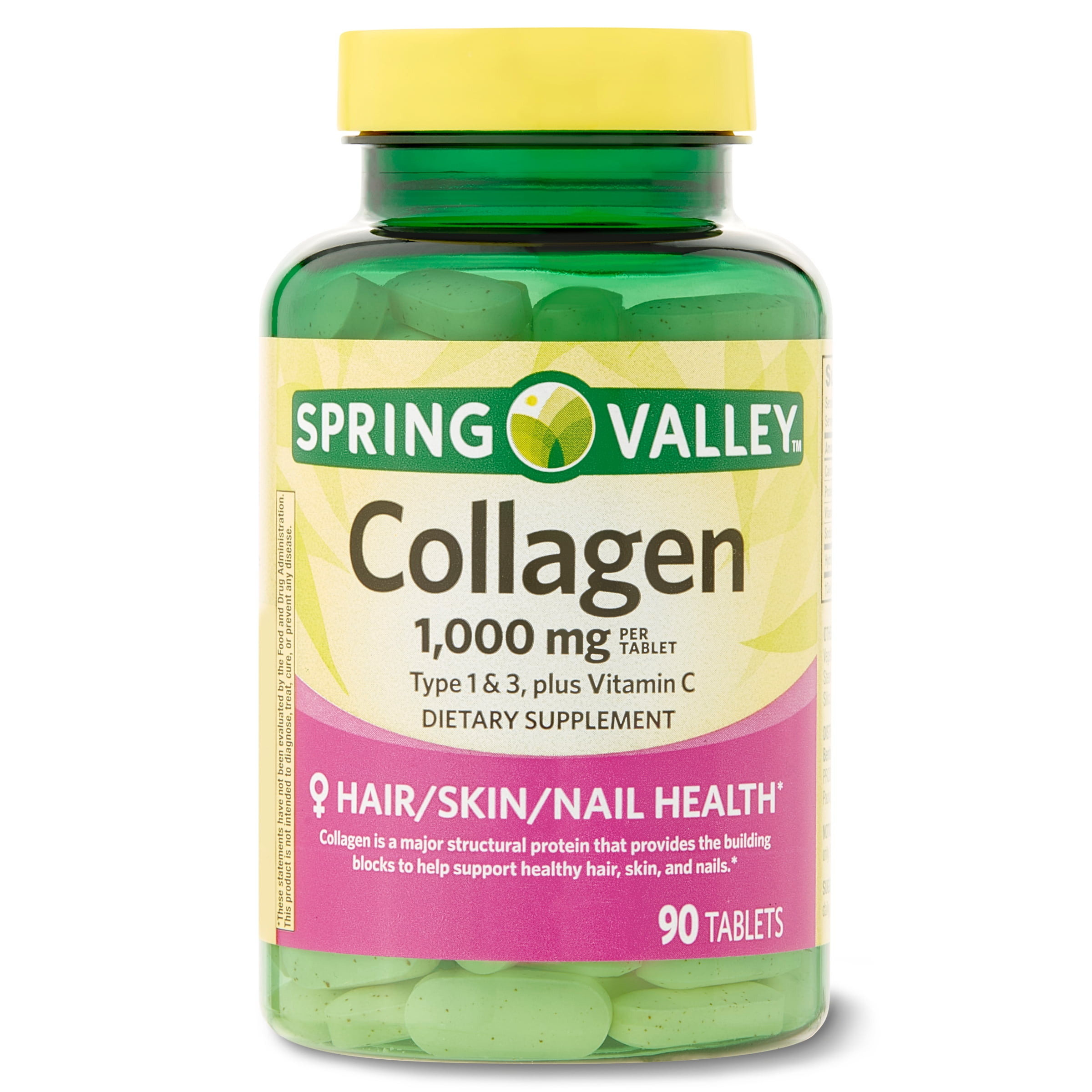 Spring Valley Collagen Type 1 & 3 Plus Vitamin C Hair/Skin/Nails Supplement Tablets, 1,000 mg, 90 Count