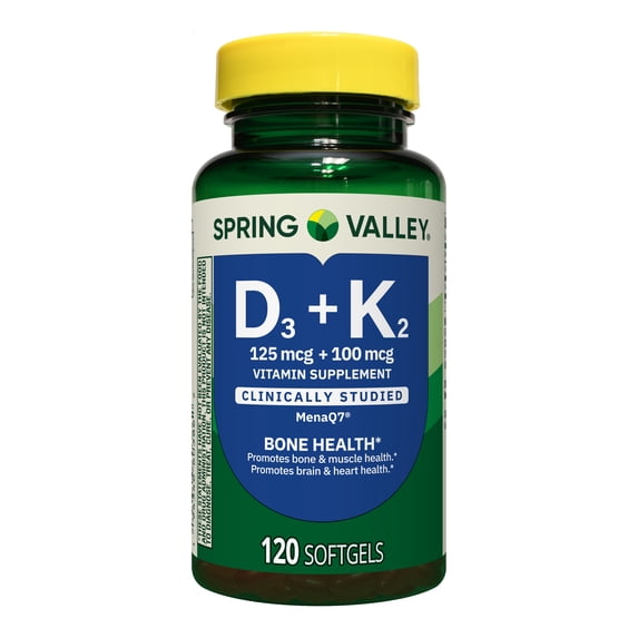 Spring Valley D3 125 mcg + K2 (100 mcg) for Bone Health Softgels, 120 Count