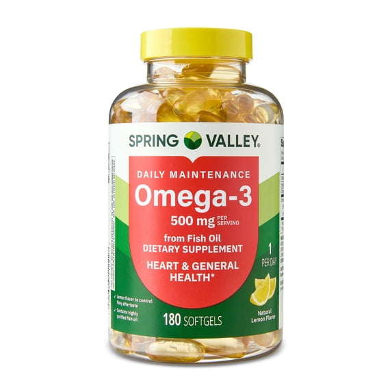 Spring Valley Daily Maintenance Omega-3 From Fish Oil Dietary Supplement Softgels for General & Heart Health, Lemon Flavor, 500 mg, 180 Count