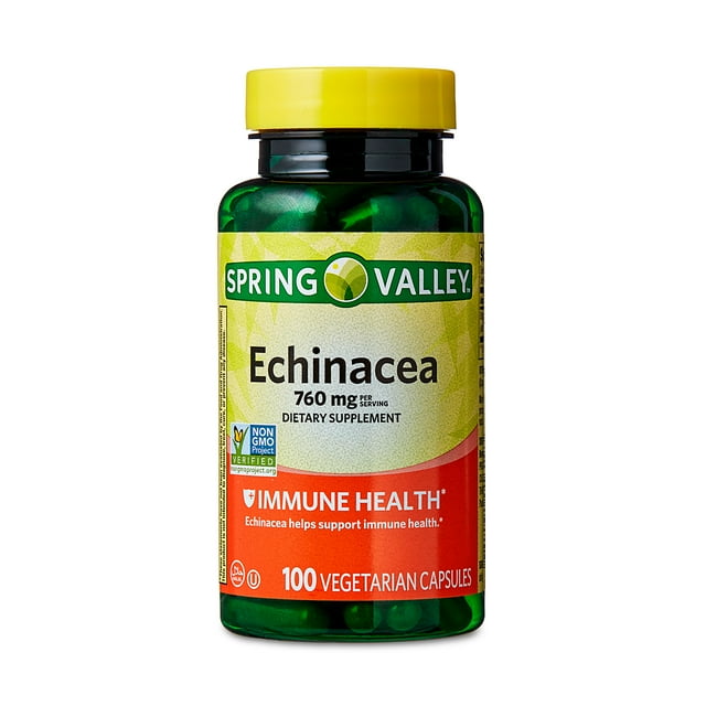 Spring Valley Non GMO Echinacea Dietary Supplement Vegetarian Capsules for Immune Health, 760 mg, 100 Count