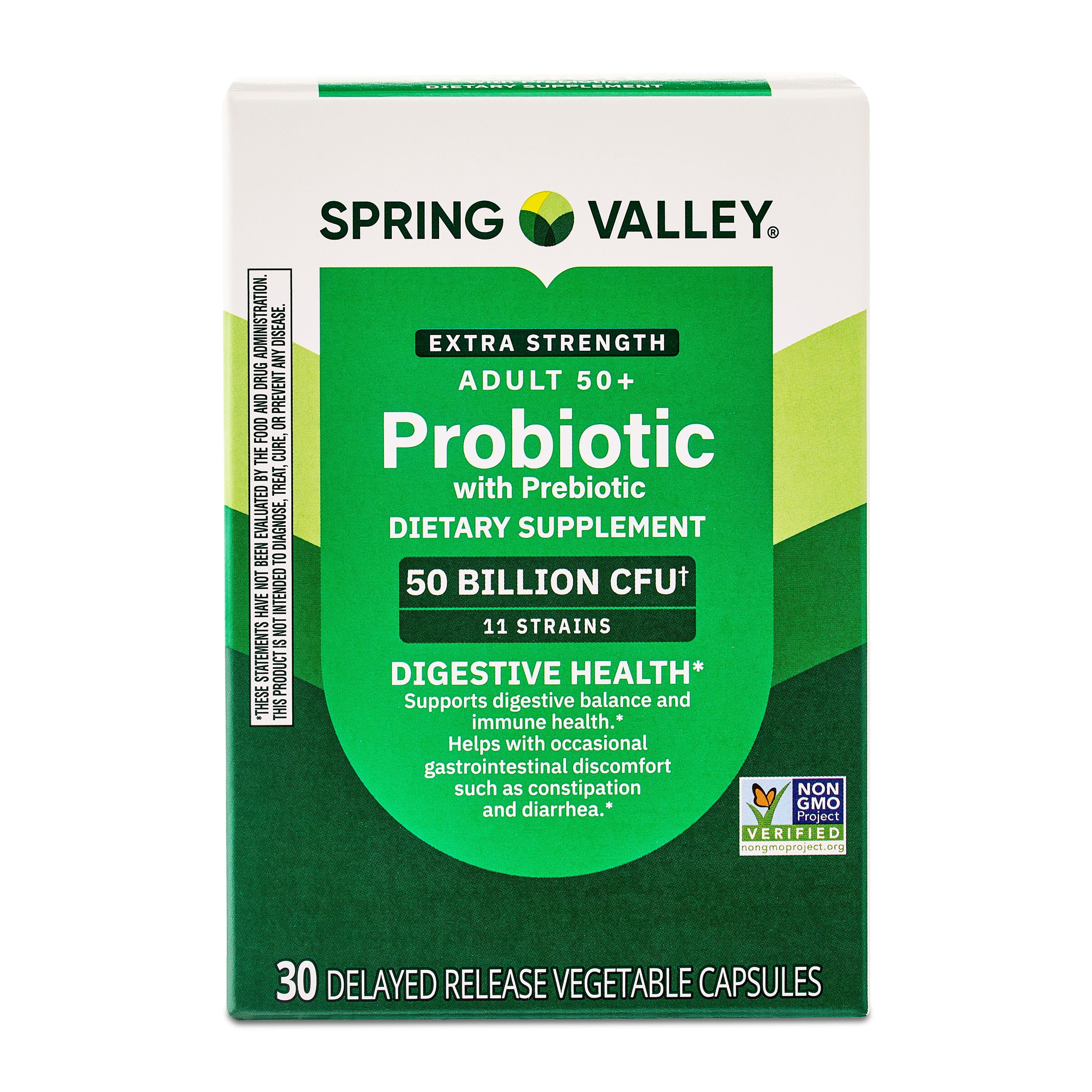 Spring Valley Extra Strength Age 50+ Probiotic with Prebiotic Dietary Supplement Delayed Release Vegetarian Capsules for Digestive Health, 30 Count